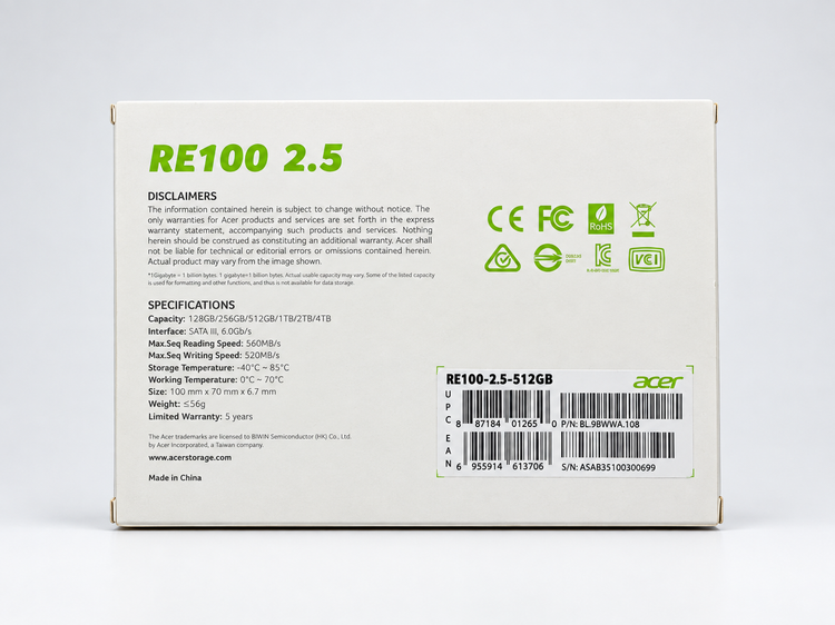 حافظه اس اس دی اینترنال ایسر ACER RE100 2.5″ 512GB SSD SATA III
